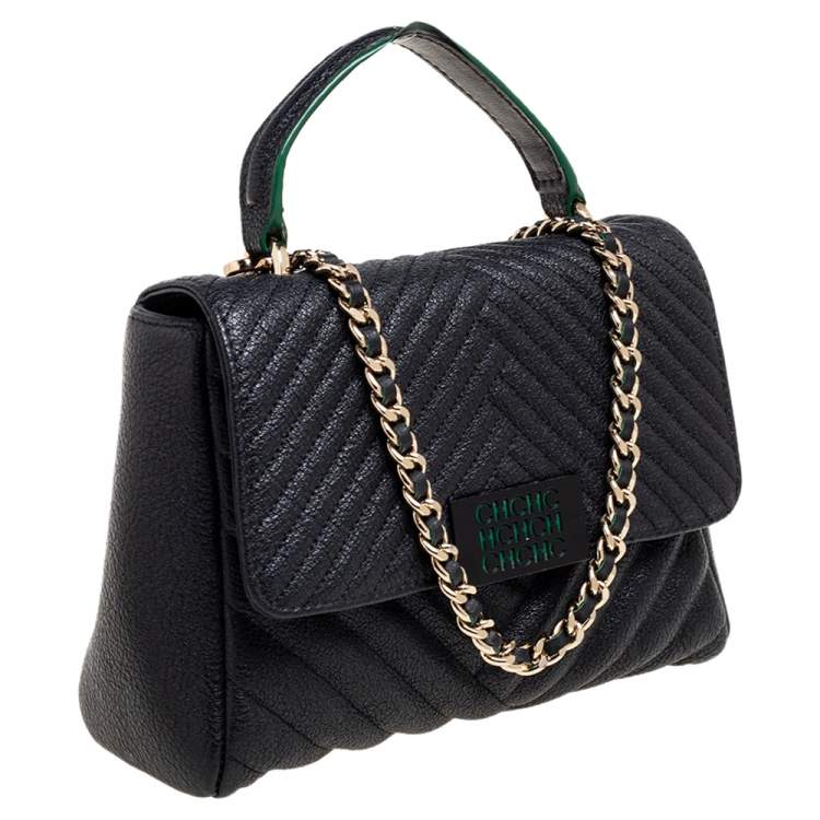 Pre Owned CH Carolina Herrera Black Chevron Leather Chain Flap Shoulder Bag