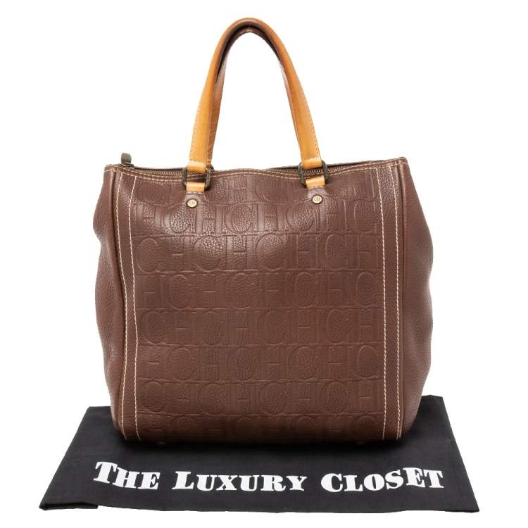 Pre Owned Carolina Herrera Brown Monogram Embossed Leather Andy Boston Bag