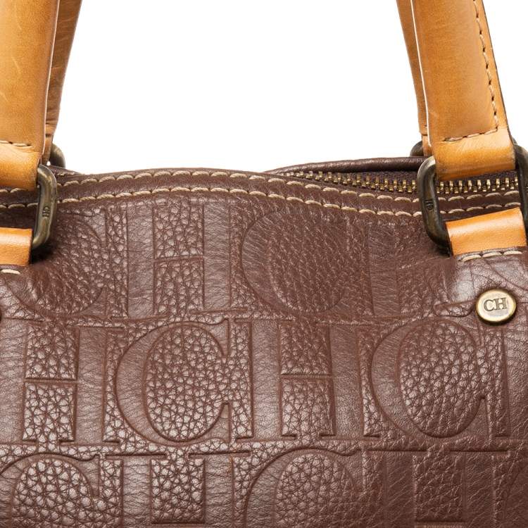Pre Owned Carolina Herrera Brown Monogram Embossed Leather Andy Boston Bag