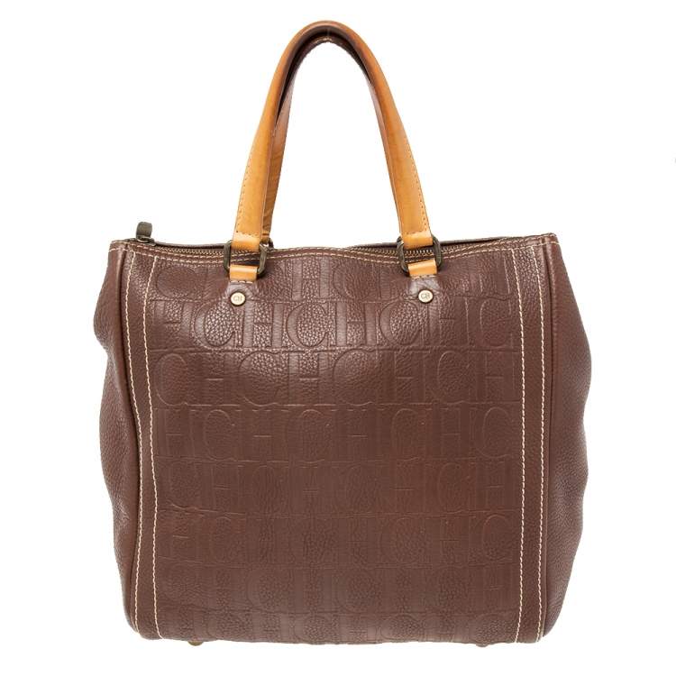 Pre Owned Carolina Herrera Brown Monogram Embossed Leather Andy Boston Bag
