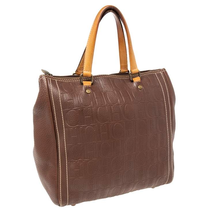 Pre Owned Carolina Herrera Brown Monogram Embossed Leather Andy Boston Bag