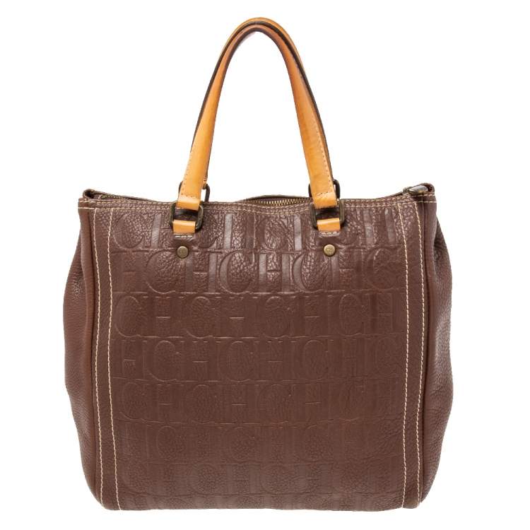 Pre Owned Carolina Herrera Brown Monogram Embossed Leather Andy Boston Bag
