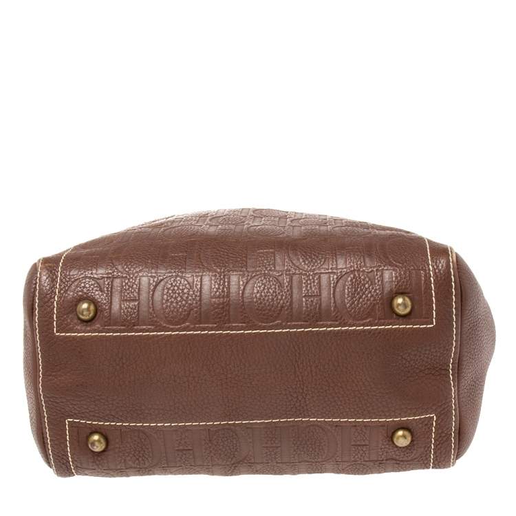 Pre Owned Carolina Herrera Brown Monogram Embossed Leather Andy Boston Bag