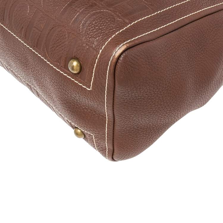 Pre Owned Carolina Herrera Brown Monogram Embossed Leather Andy Boston Bag