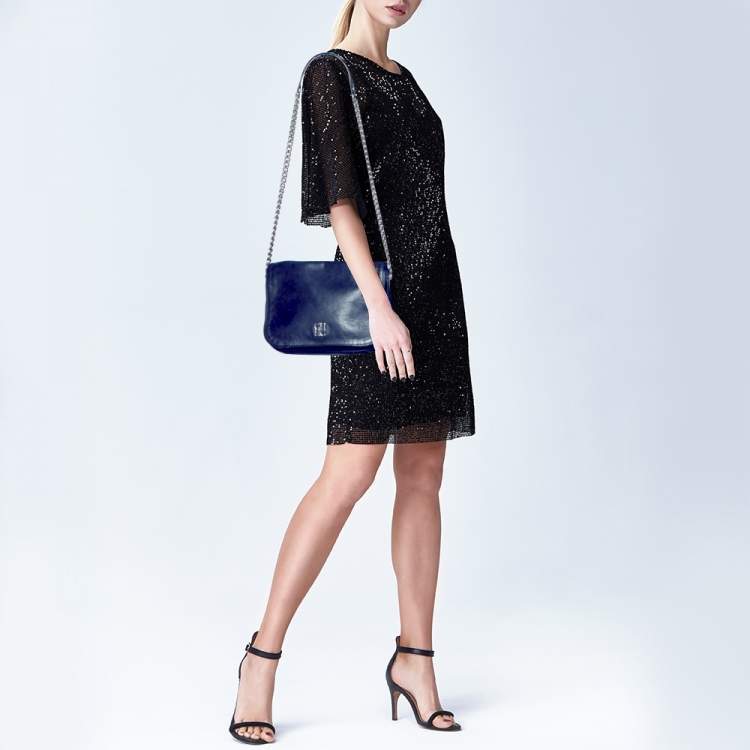 Pre Owned CH Carolina Herrera Navy Blue Leather Chain Flap Shoulder Bag