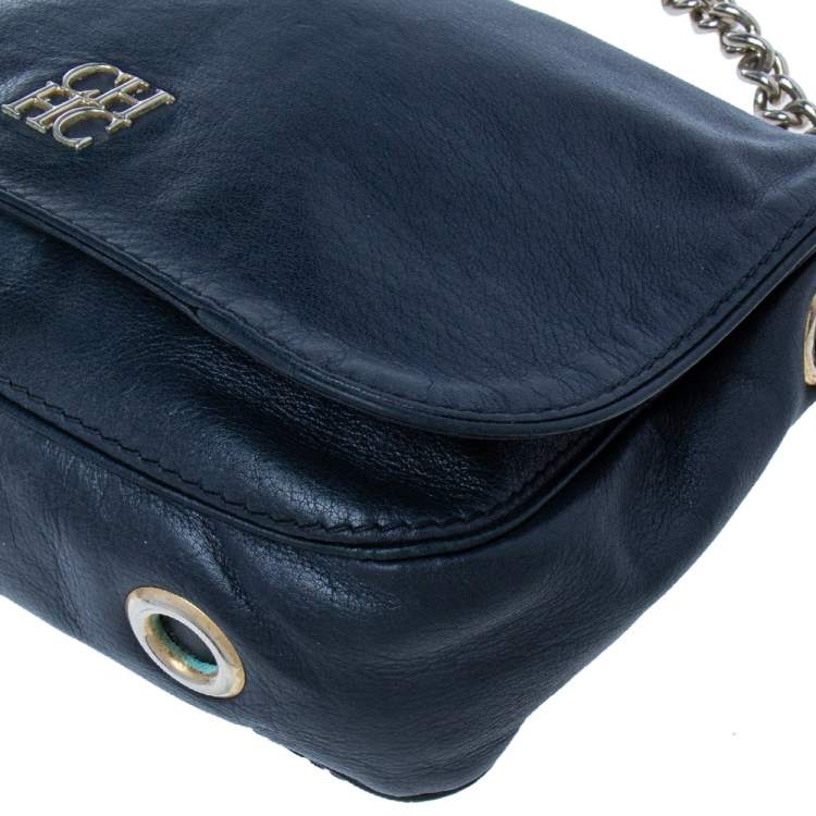 Pre Owned CH Carolina Herrera Navy Blue Leather Chain Flap Shoulder Bag