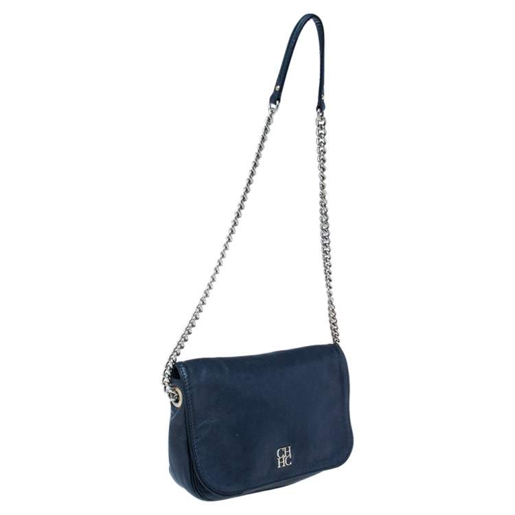 Pre Owned CH Carolina Herrera Navy Blue Leather Chain Flap Shoulder Bag