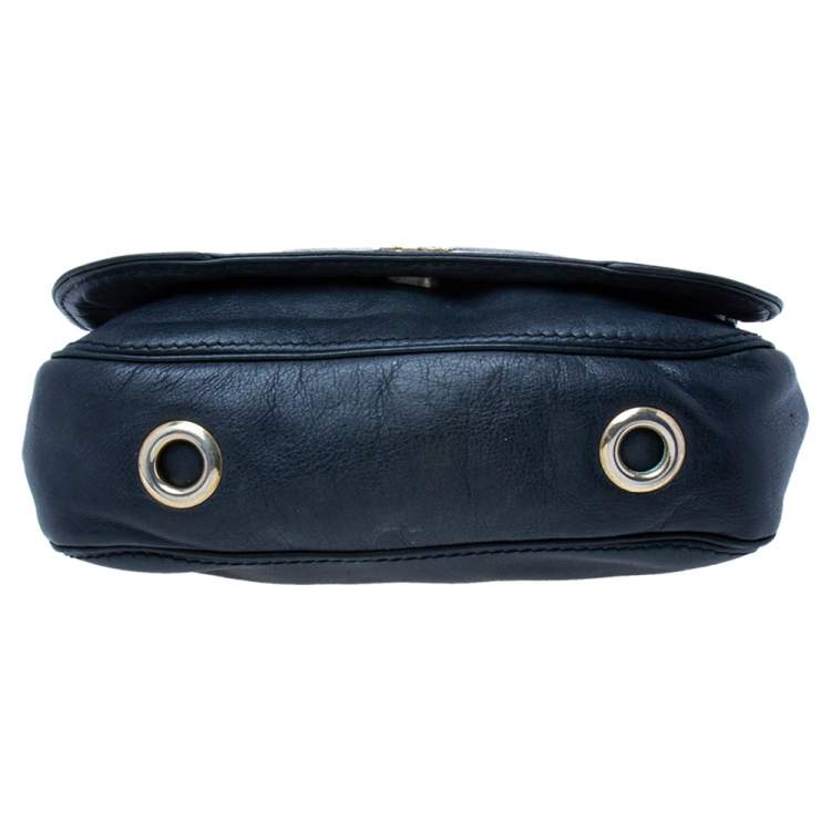 Pre Owned CH Carolina Herrera Navy Blue Leather Chain Flap Shoulder Bag