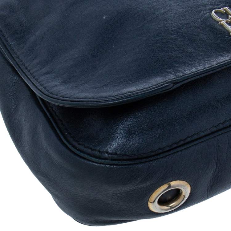 Pre Owned CH Carolina Herrera Navy Blue Leather Chain Flap Shoulder Bag