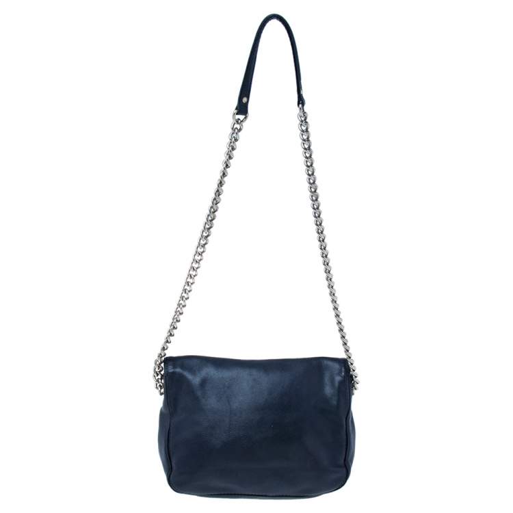 Pre Owned CH Carolina Herrera Navy Blue Leather Chain Flap Shoulder Bag