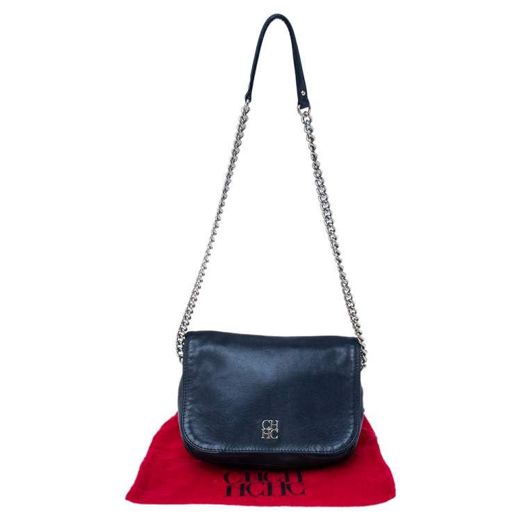 Pre Owned CH Carolina Herrera Navy Blue Leather Chain Flap Shoulder Bag