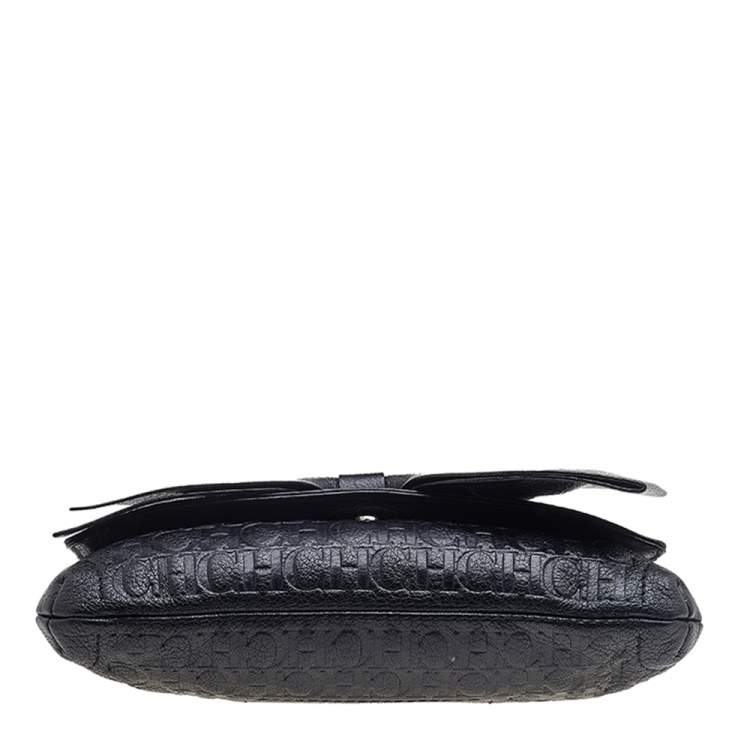Pre Owned Carolina Herrera Black Embossed Leather Audrey Bow Flap Shoulder Bag