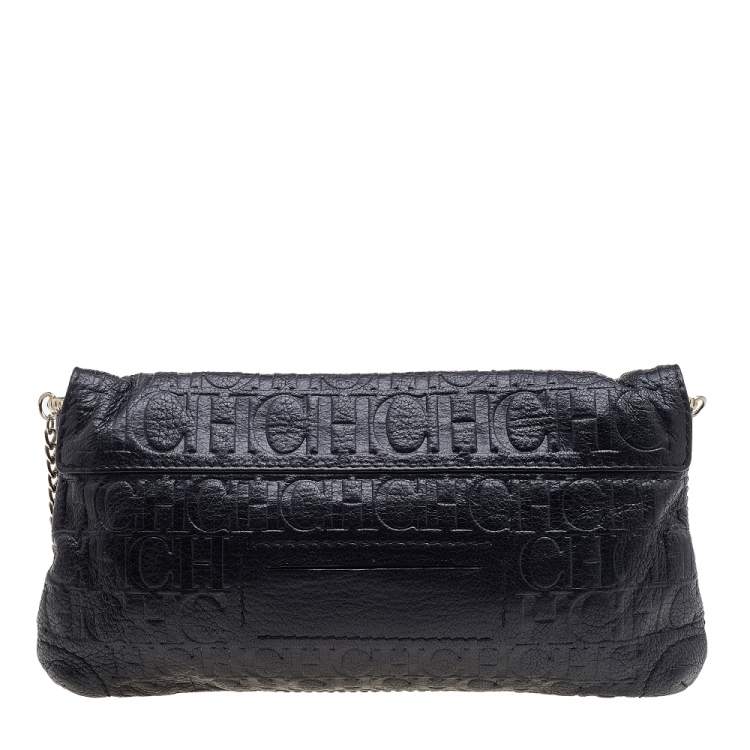 Pre Owned Carolina Herrera Black Embossed Leather Audrey Bow Flap Shoulder Bag