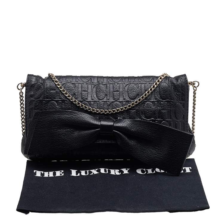 Pre Owned Carolina Herrera Black Embossed Leather Audrey Bow Flap Shoulder Bag