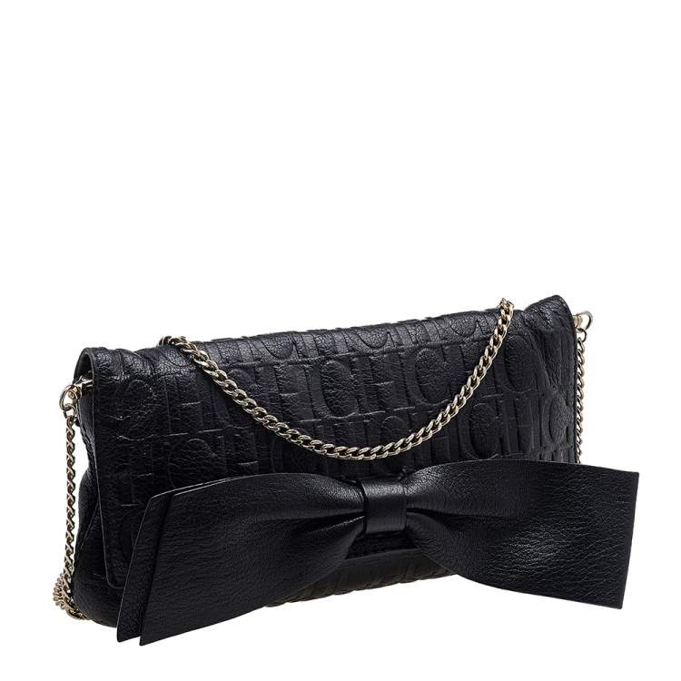 Pre Owned Carolina Herrera Black Embossed Leather Audrey Bow Flap Shoulder Bag