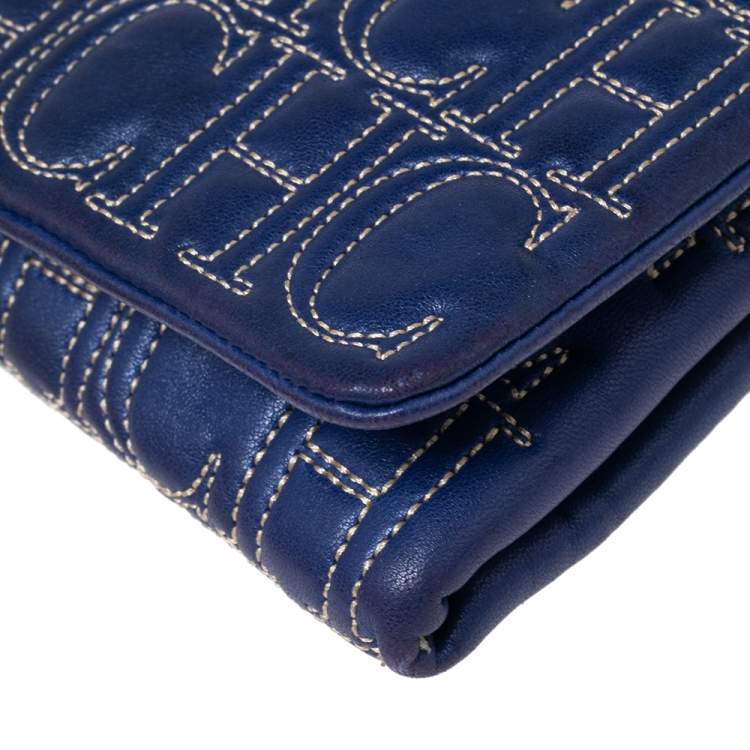 Pre Owned CH Carolina Herrera Blue Leather Monogram Embroidered Flap Clutch