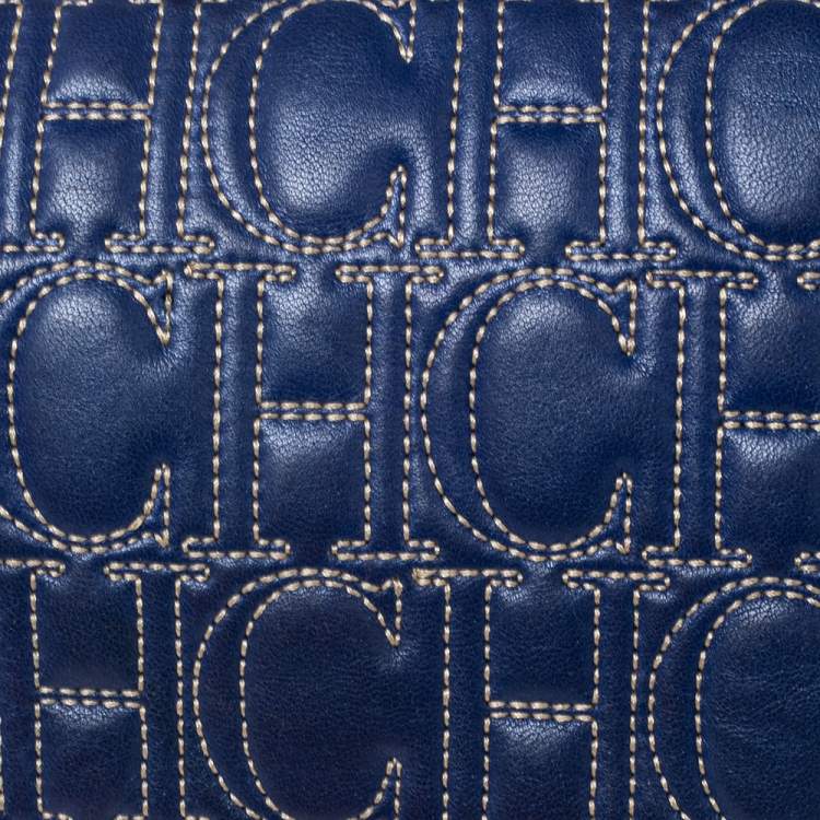 Pre Owned CH Carolina Herrera Blue Leather Monogram Embroidered Flap Clutch