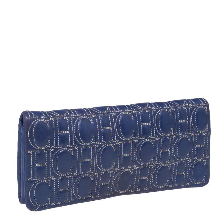 Pre Owned CH Carolina Herrera Blue Leather Monogram Embroidered Flap Clutch