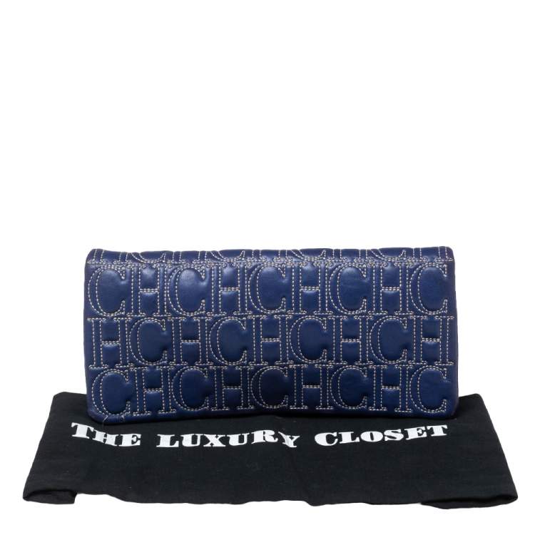 Pre Owned CH Carolina Herrera Blue Leather Monogram Embroidered Flap Clutch