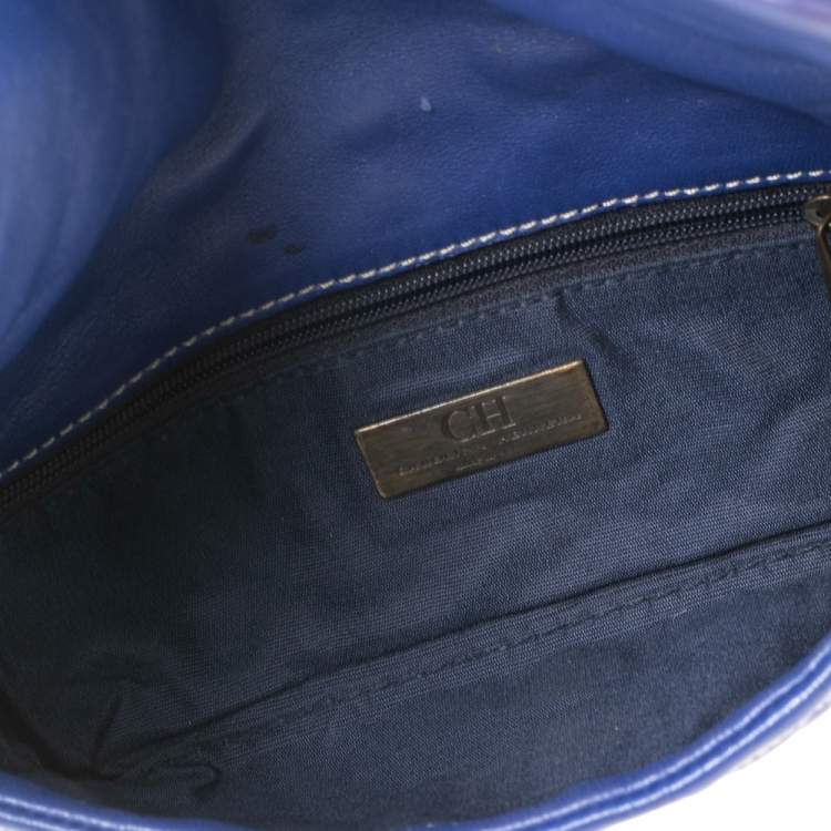 Pre Owned CH Carolina Herrera Blue Leather Monogram Embroidered Flap Clutch