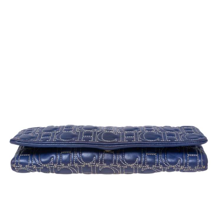 Pre Owned CH Carolina Herrera Blue Leather Monogram Embroidered Flap Clutch