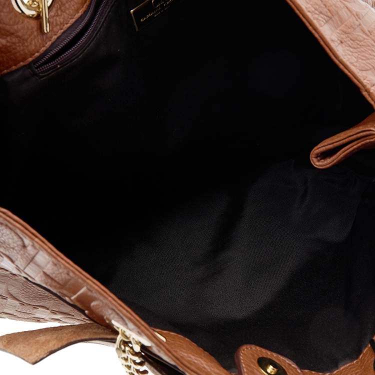 Pre Owned CH Carolina Herrera Brown Monogram Embossed Leather Audrey Tote