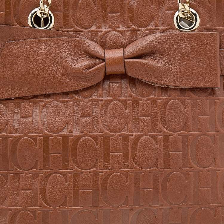 Pre Owned CH Carolina Herrera Brown Monogram Embossed Leather Audrey Tote