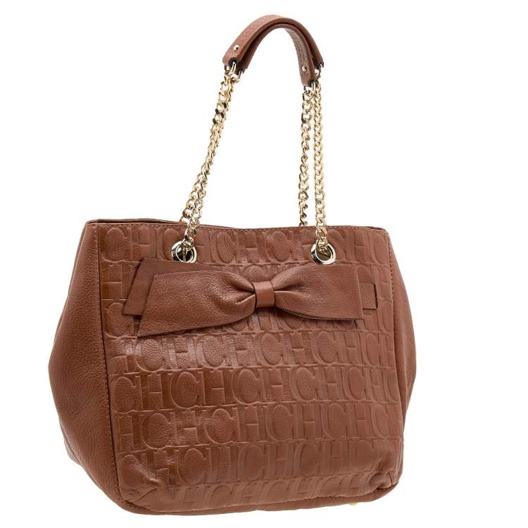 Pre Owned CH Carolina Herrera Brown Monogram Embossed Leather Audrey Tote