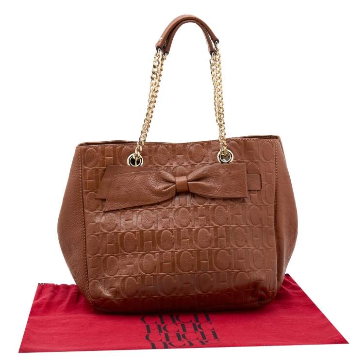 Pre Owned CH Carolina Herrera Brown Monogram Embossed Leather Audrey Tote