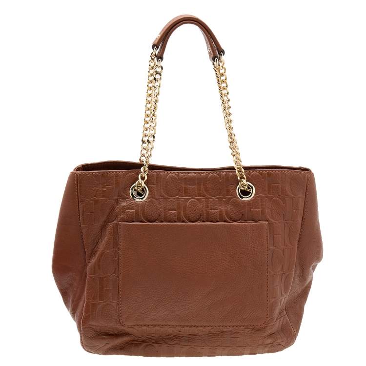 Pre Owned CH Carolina Herrera Brown Monogram Embossed Leather Audrey Tote