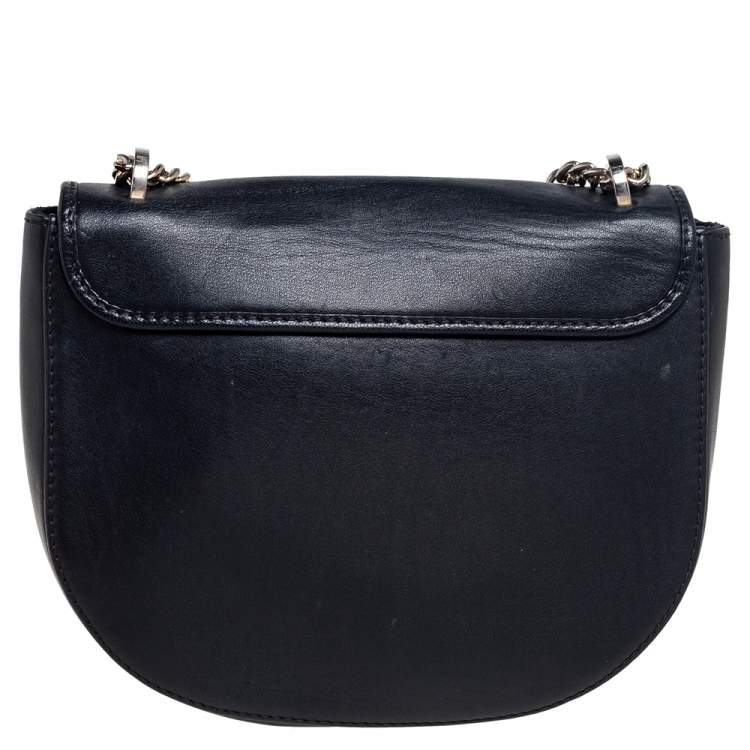 Pre Owned CH Carolina Herrera Navy Blue Leather Chain Flap Shoulder Bag