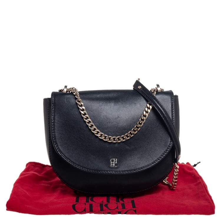 Pre Owned CH Carolina Herrera Navy Blue Leather Chain Flap Shoulder Bag