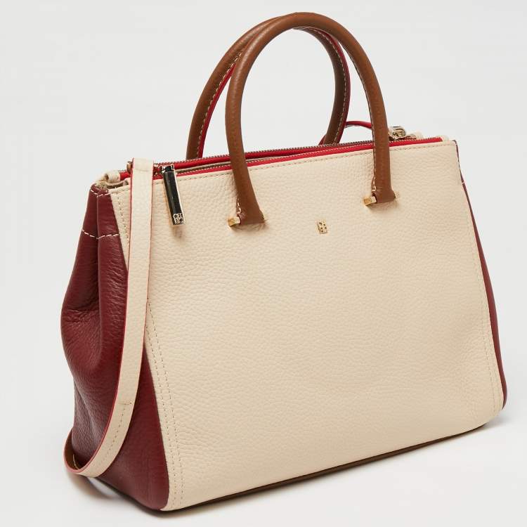 Pre Owned CH Carolina Herrera Red/Beige Leather Double Zip Tote