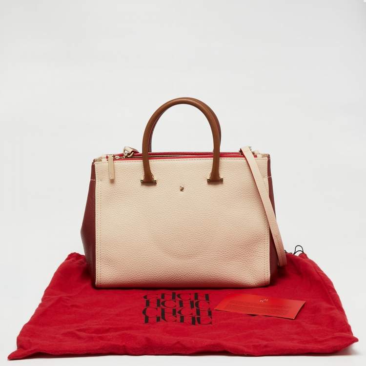 Pre Owned CH Carolina Herrera Red/Beige Leather Double Zip Tote