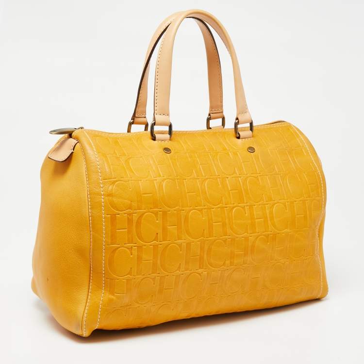 Pre Owned CH Carolina Herrera Mustard Monogram Embossed Leather Large Andy Boston Bag