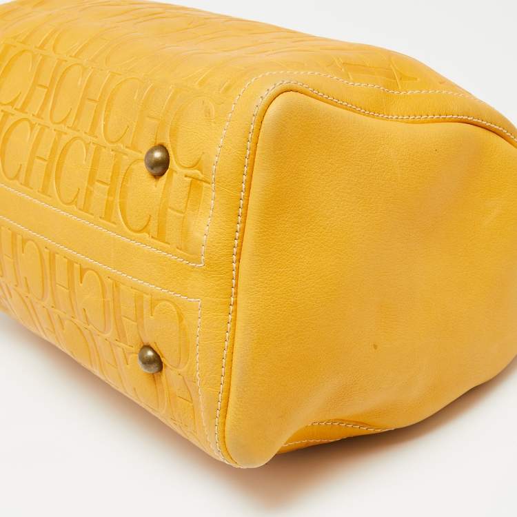 Pre Owned CH Carolina Herrera Mustard Monogram Embossed Leather Large Andy Boston Bag