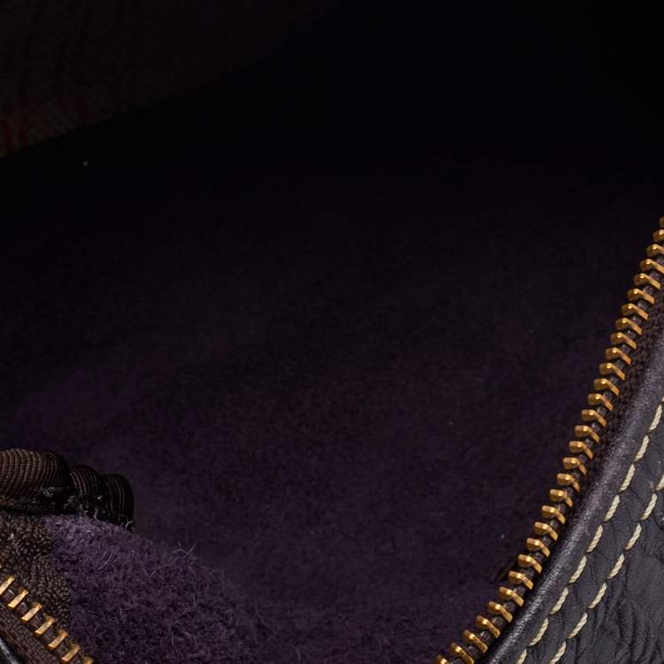 Pre Owned CH Carolina Herrera Dark Purple/Brown Monogram Embossed Leather Andy Boston Bag