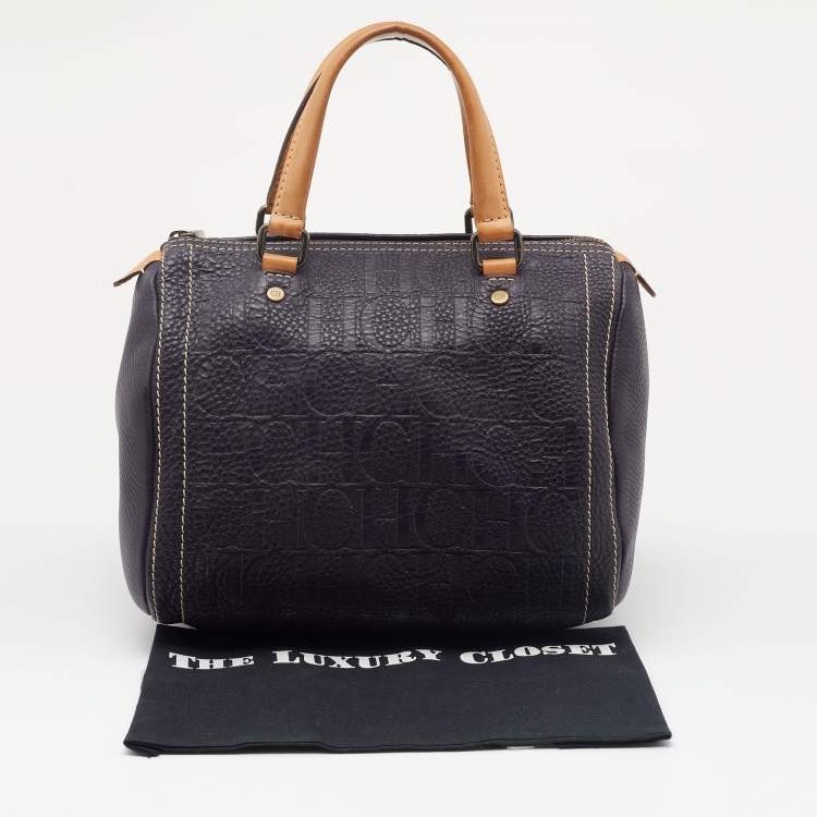 Pre Owned CH Carolina Herrera Dark Purple/Brown Monogram Embossed Leather Andy Boston Bag