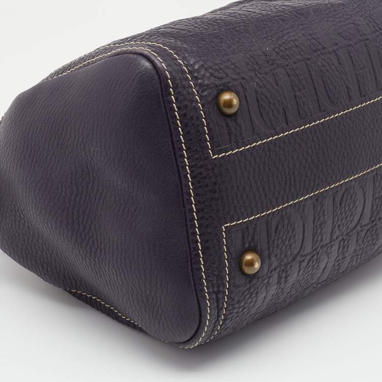 Pre Owned CH Carolina Herrera Dark Purple/Brown Monogram Embossed Leather Andy Boston Bag