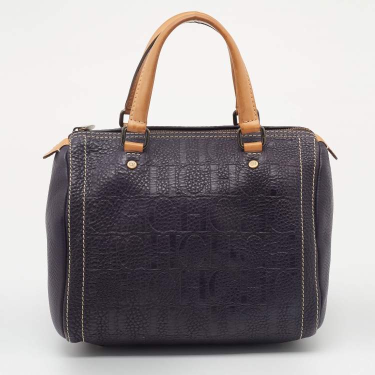 Pre Owned CH Carolina Herrera Dark Purple/Brown Monogram Embossed Leather Andy Boston Bag