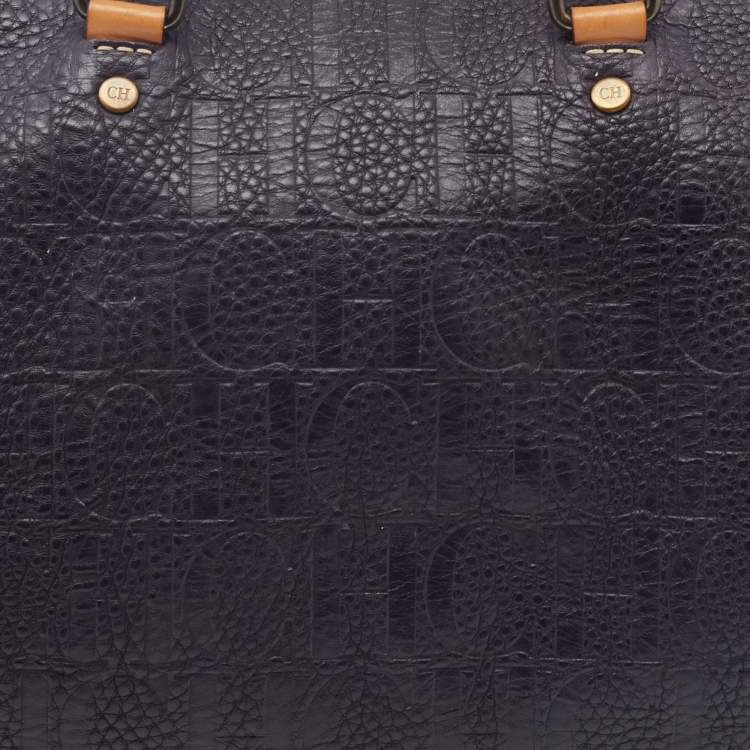 Pre Owned CH Carolina Herrera Dark Purple/Brown Monogram Embossed Leather Andy Boston Bag