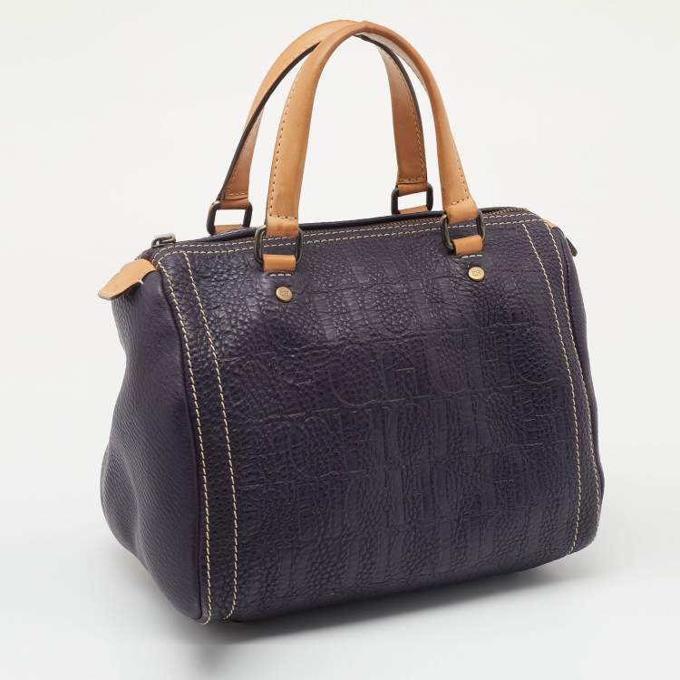 Pre Owned CH Carolina Herrera Dark Purple/Brown Monogram Embossed Leather Andy Boston Bag