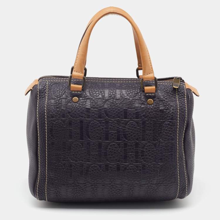 Pre Owned CH Carolina Herrera Dark Purple/Brown Monogram Embossed Leather Andy Boston Bag