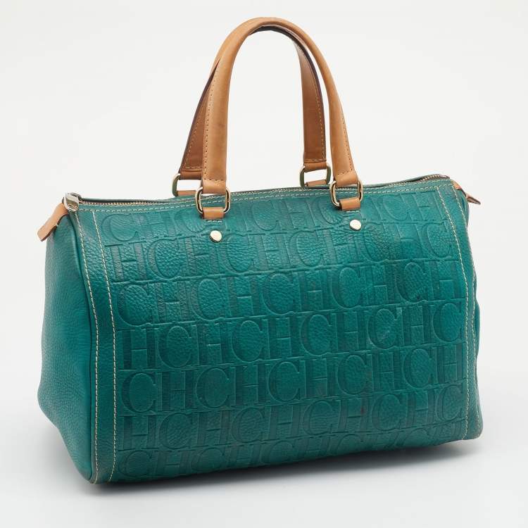 Pre Owned CH Carolina Herrera Green/Brown Monogram Embossed Leather Andy Boston Bag