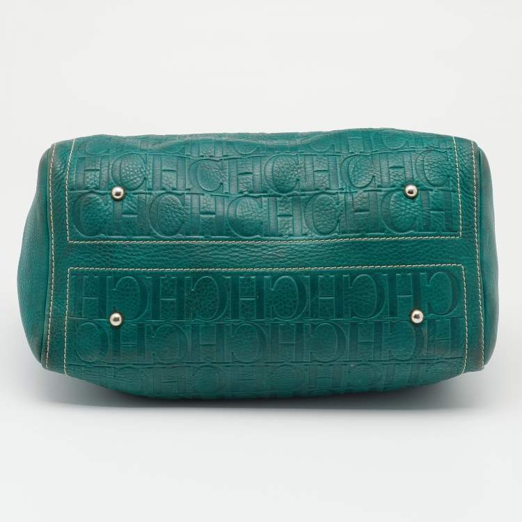 Pre Owned CH Carolina Herrera Green/Brown Monogram Embossed Leather Andy Boston Bag