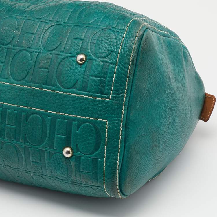 Pre Owned CH Carolina Herrera Green/Brown Monogram Embossed Leather Andy Boston Bag
