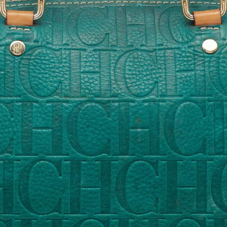 Pre Owned CH Carolina Herrera Green/Brown Monogram Embossed Leather Andy Boston Bag