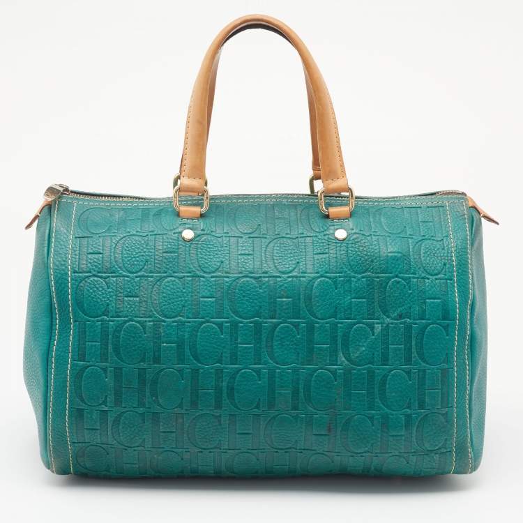 Pre Owned CH Carolina Herrera Green/Brown Monogram Embossed Leather Andy Boston Bag