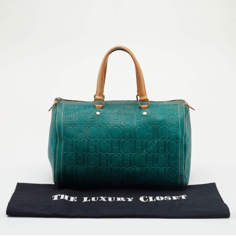 Pre Owned CH Carolina Herrera Green/Brown Monogram Embossed Leather Andy Boston Bag