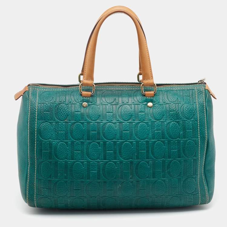 Pre Owned CH Carolina Herrera Green/Brown Monogram Embossed Leather Andy Boston Bag
